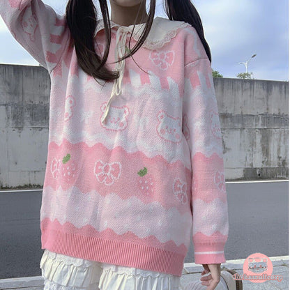 Cute Women's Knitted Sweater: Kawaii Bear & Strawberry Anime Pullover