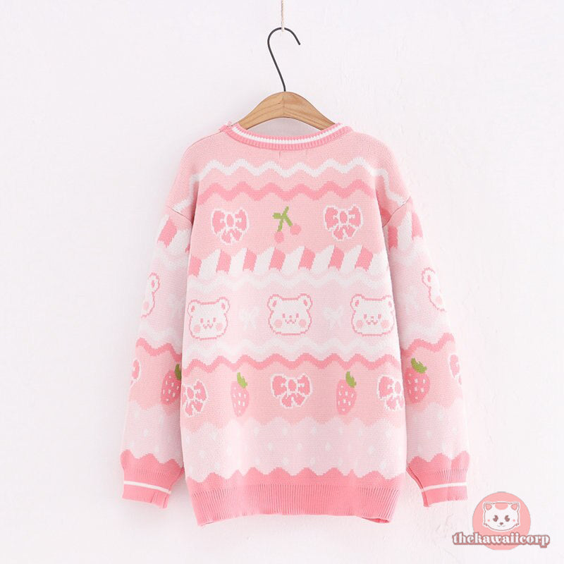 Cute Women's Knitted Sweater: Kawaii Bear & Strawberry Anime Pullover