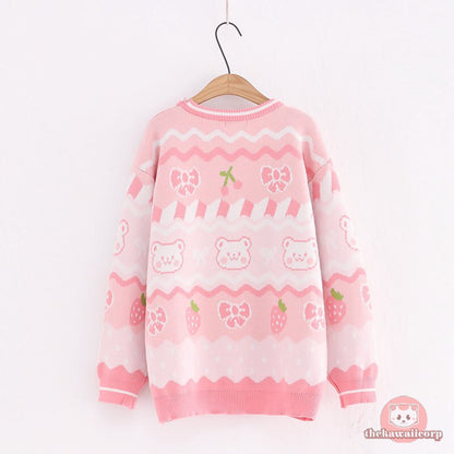 Cute Women's Knitted Sweater: Kawaii Bear & Strawberry Anime Pullover