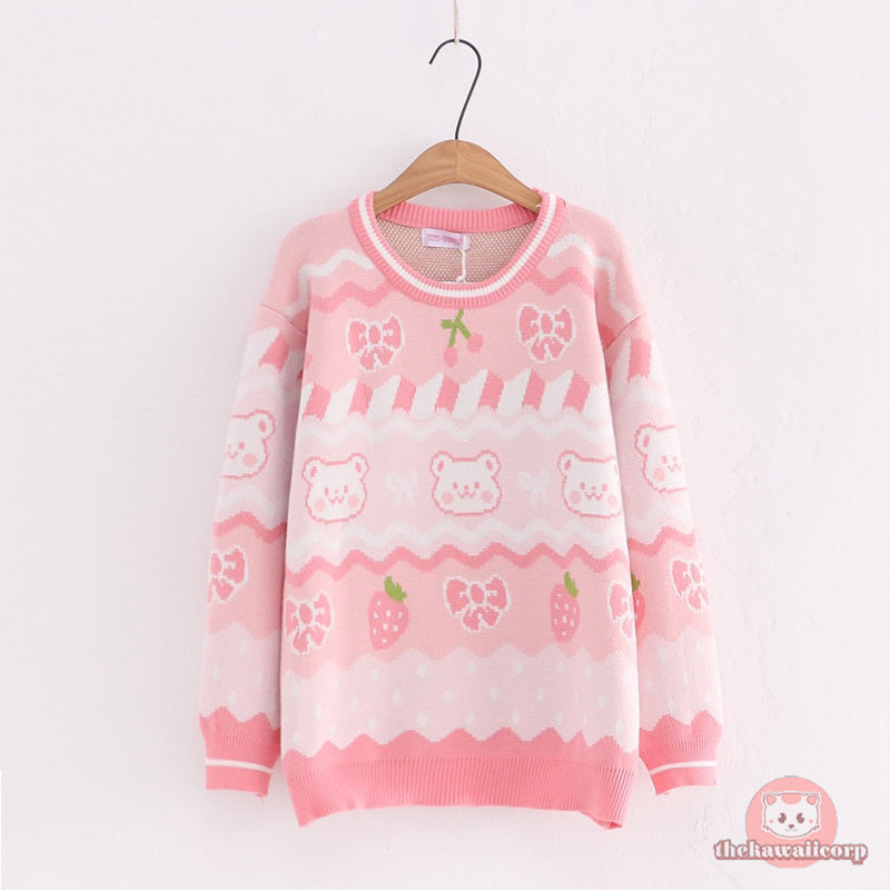 Cute Women's Knitted Sweater: Kawaii Bear & Strawberry Anime Pullover