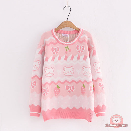 Cute Women's Knitted Sweater: Kawaii Bear & Strawberry Anime Pullover