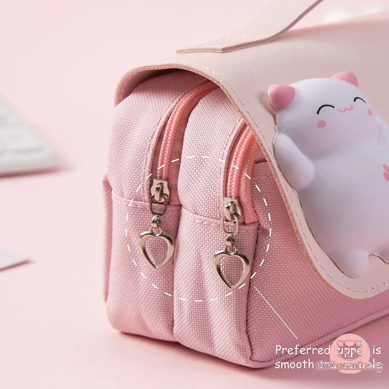Cute Cat Double-Layer Pencil Case Portable and Kawaii School Pen Bag