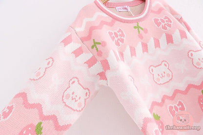 Cute Women's Knitted Sweater: Kawaii Bear & Strawberry Anime Pullover