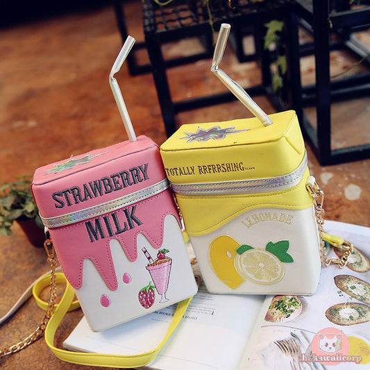 Quirky Personality Milk Box Shoulder Bag: Strawberry & Lemon Drink Bottle Shape with Straw