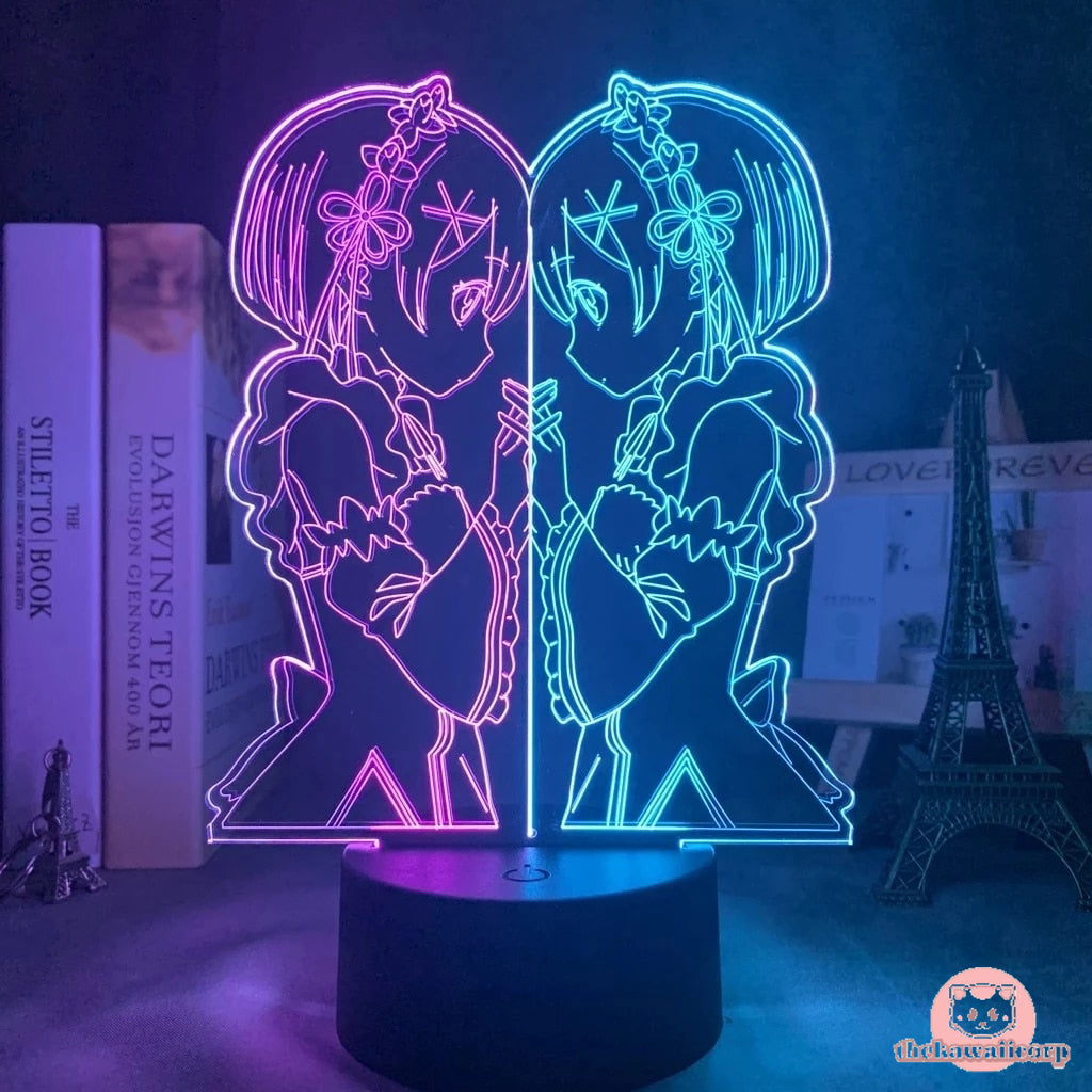 Re Zero Rem and Ram 3D LED Hologram Nightlight