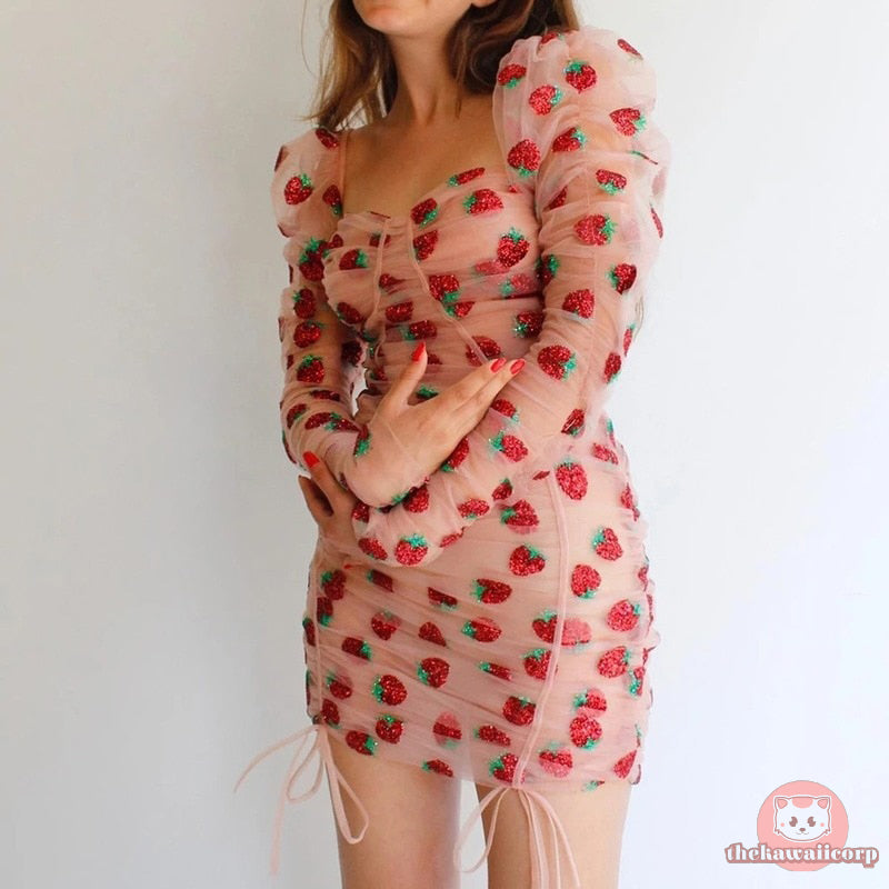 Pink French Style Strawberry Patterned Dress