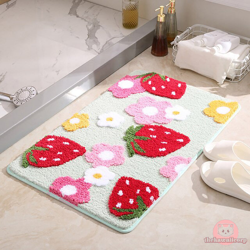 Cute Strawberry Flocking Bath Mat - Pink Bedroom Rug with Non-slip & Absorbent Features