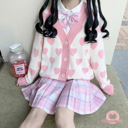 Kawaii Pink Heart Knitted Cardigan