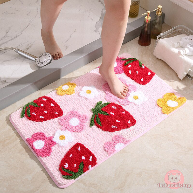 Cute Strawberry Flocking Bath Mat - Pink Bedroom Rug with Non-slip & Absorbent Features