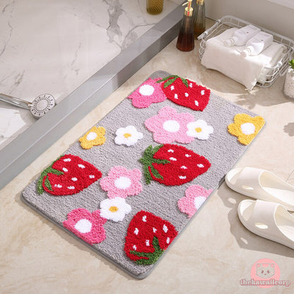 Cute Strawberry Flocking Bath Mat - Pink Bedroom Rug with Non-slip & Absorbent Features