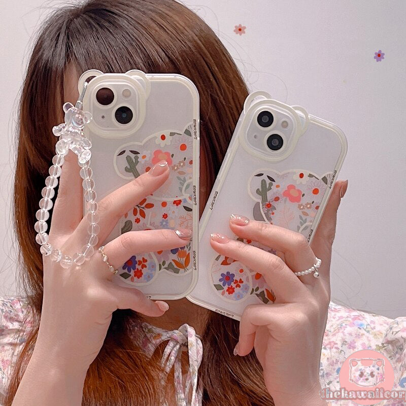 iPhone 3D Bear Lanyard Flower Phone Case