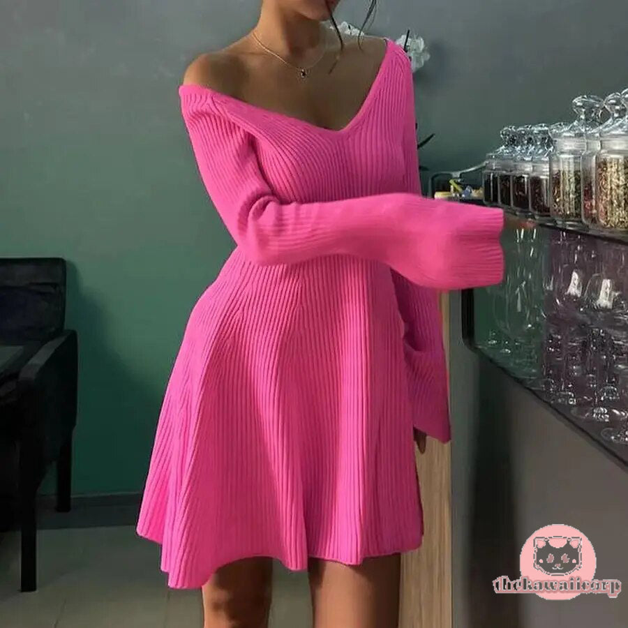 Elegant V Neck Long Sleeve Knitted Mini Dresses in Solid Color