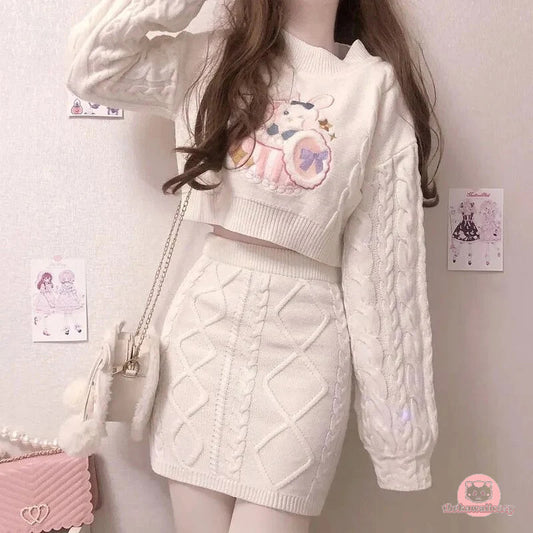 Bunny Rabbit Embroidery Knit Top and Mini Skirt
