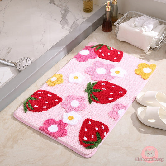 Cute Strawberry Flocking Bath Mat - Pink Bedroom Rug with Non-slip & Absorbent Features