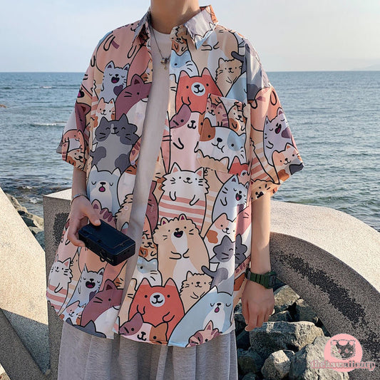 Kawaii Button Up Shirt - Animal Cat Print Blouse with Japan Style