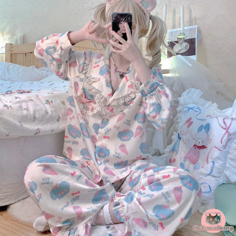 Sweet & Cute Cartoon Ice Cream Bear Pajama Set