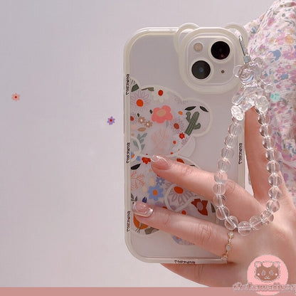 iPhone 3D Bear Lanyard Flower Phone Case