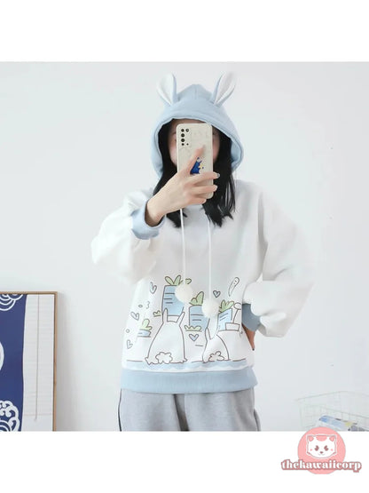 Cute Long Drawstring Rabbit Pullover Hoodie