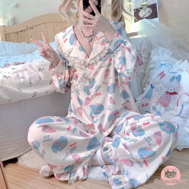 Sweet & Cute Cartoon Ice Cream Bear Pajama Set